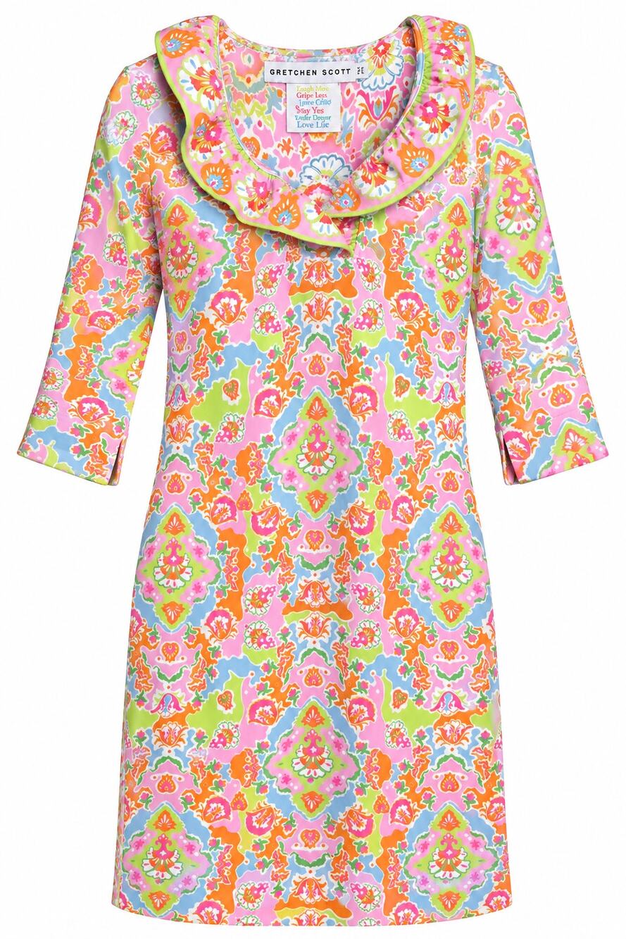 Gretchen Scott Ruffneck Watteau Lime Pink Floral Dress NWT XS Resort Preppy